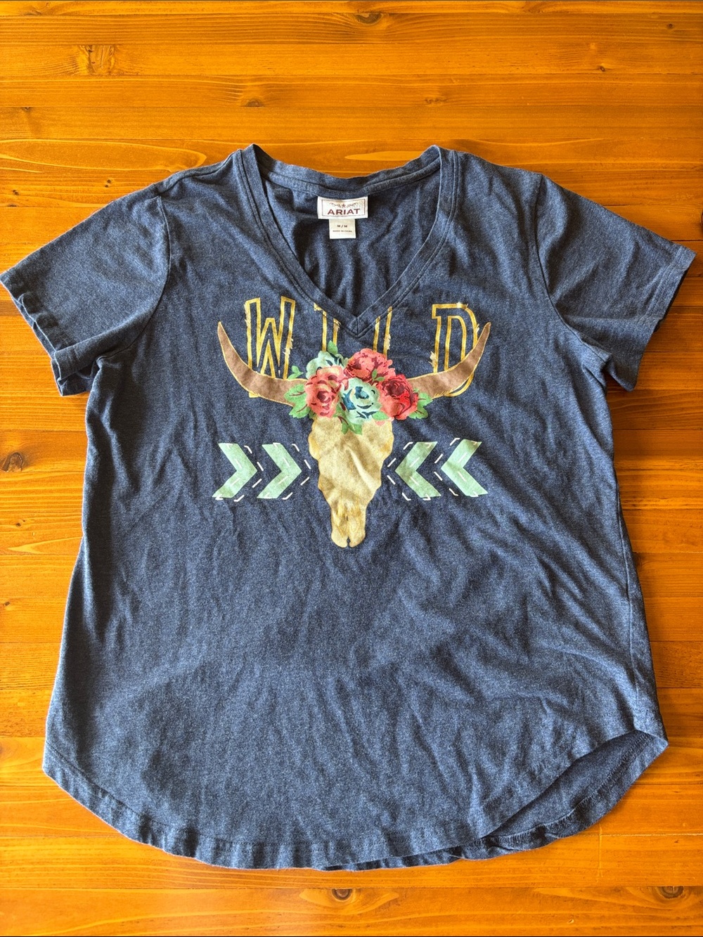 Ariat Navy V‑Neck Tee with Floral Bull Skull